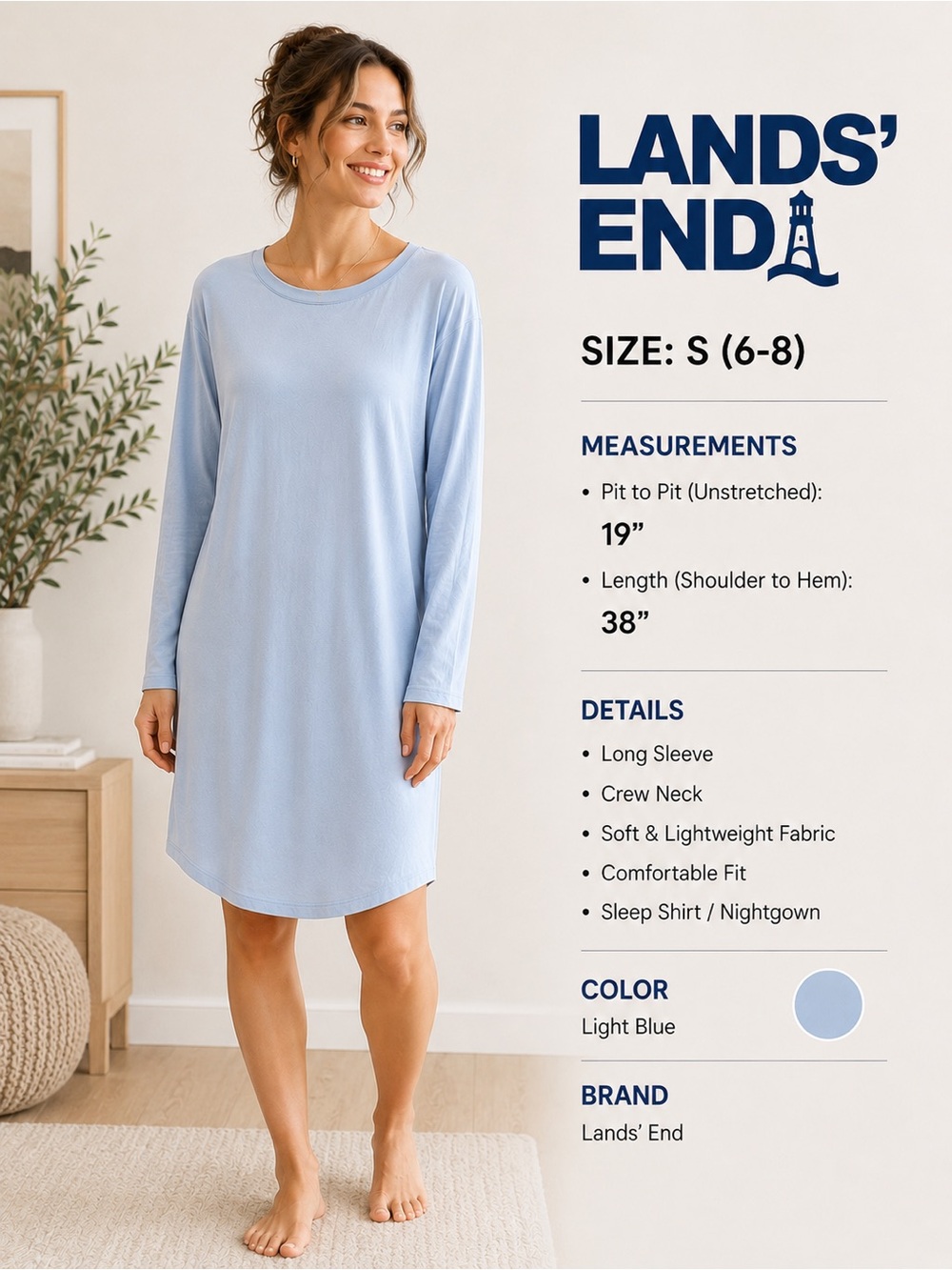 Lands’ End Blue Sleep Shirt Nightgown Soft Stretch S 6-8